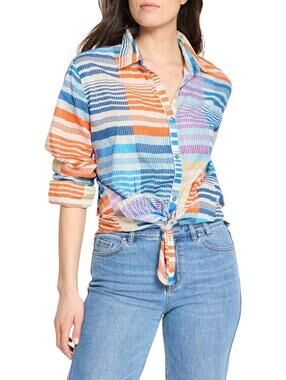 158$ Nic+Zoe Sunset Stripe Cotton Button-Up Shirt Top Size L Blue Multicolor
